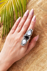 Handmade Rainbow Moonstone & Black Onyx 925 Sterling Silver Ring