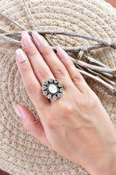 Handmade White Shell & Sterling Silver Adjustable Ring, Cubic Zirconia Statement Ring for Women