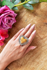 Handmade Snake Jasper Heart Ring: Sterling Silver Adjustable Statement Ring