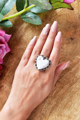 Handmade Howlite Heart Ring: Adjustable Sterling Silver Statement Ring