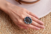 Handmade Pink Dahlia Turquoise & Sterling Silver Adjustable Ring, Black Shell Cluster Ring for Women