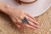 Handmade Black Druze & Sterling Silver Adjustable Ring, Triangle Statement Ring for Women