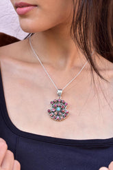 Handmade Pink Dahlia Turquoise & Sterling Silver Cluster Pendant with 18 Inch Adjustable Chain