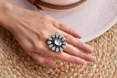Handmade Black Shell & Sterling Silver Adjustable Ring, Cubic Zirconia Cluster Ring for Women