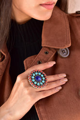 Handmade Turquoise & Aurora Opal 925 Sterling Silver Adjustable Ring, Statement Ring for Women