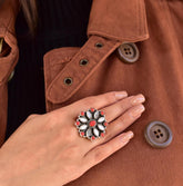 Handmade Aurora Opal, Grey Moonstone & Sterling Silver Adjustable Ring, Statement Ring for Women