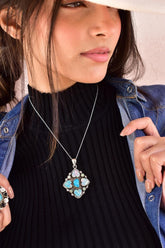 Handmade Aurora Opal & Turquoise Sterling Silver Cluster Pendant with 16 inch Adjustable Chain