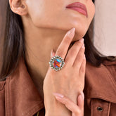 Handmade Pink Dahlia Turquoise Sterling Silver Ring, Adjustable Statement Ring