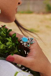 Handmade Turquoise & Sterling Silver Ring, Adjustable Flower Ring for Women