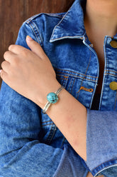 Handmade Hubei Turquoise & Sterling Silver Adjustable Bangle (Size 6 Inch)