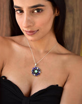 Handmade Purple Dahlia Turquoise Sterling Silver Pendant with 16 Inch Adjustable Chain