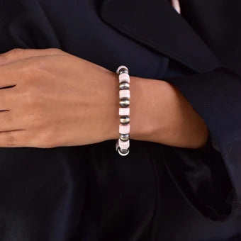 Handmade Pink Conch & Sterling Silver Pearl Beaded Stretch Bracelet