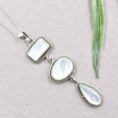 Handmade Mother of Pearl 925 Sterling Silver Lariat Pendant