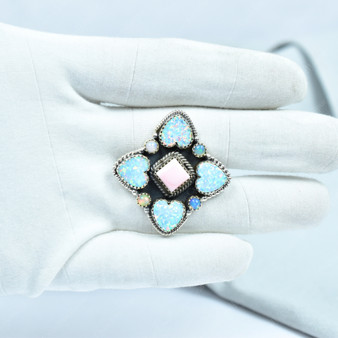 Handmade Pink Conch & Aurora Opal 925 Sterling Silver Ring