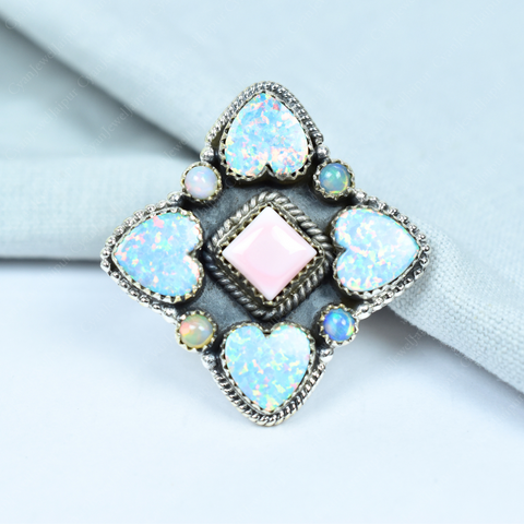 Handmade Pink Conch & Aurora Opal 925 Sterling Silver Ring
