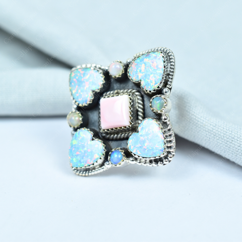 Handmade Pink Conch & Aurora Opal 925 Sterling Silver Ring