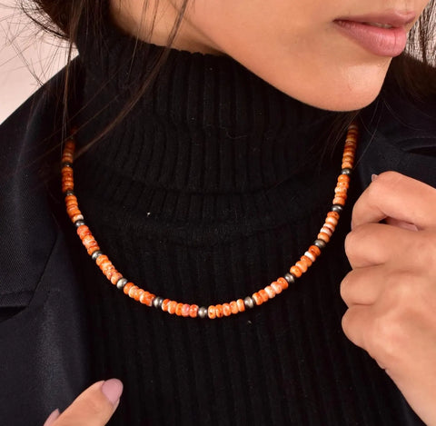 Handmade Orange Spiny Oyster & Sterling Silver Pearl Necklace