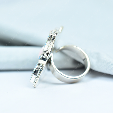 Handmade Pink Conch & Aurora Opal 925 Sterling Silver Ring