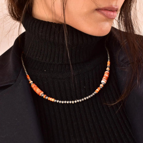 Handmade Orange Spiny Oyster & Sterling Silver Pearl Necklace