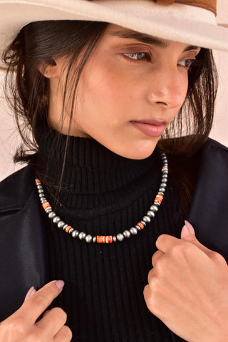 Handmade Orange Spiny Oyster & Sterling Silver Pearl Necklace