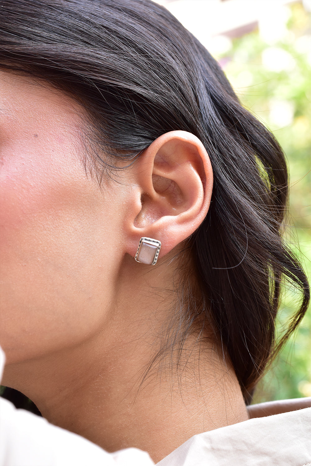 Peach Moonstone Post 925 Silver Stud Earrings for Women