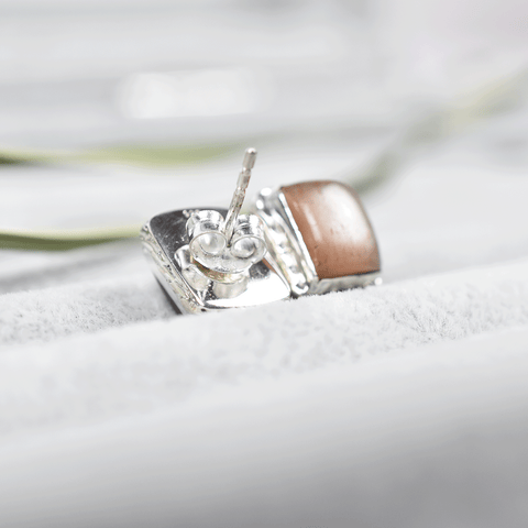 Peach Moonstone Post 925 Silver Stud Earrings for Women