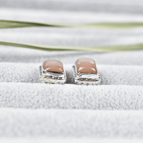 Peach Moonstone Post 925 Silver Stud Earrings for Women
