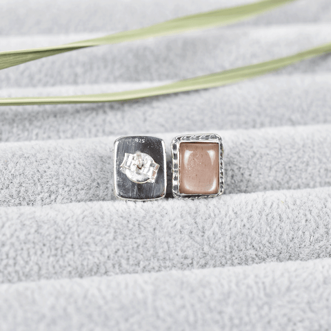 Peach Moonstone Post 925 Silver Stud Earrings for Women