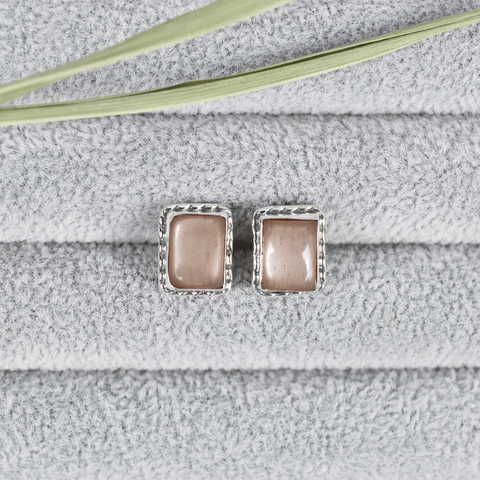 Peach Moonstone Post 925 Silver Stud Earrings for Women