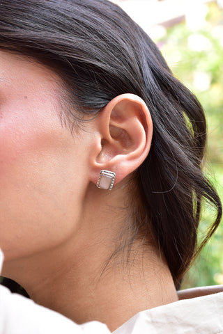 Peach Moonstone Post 925 Silver Stud Earrings for Women