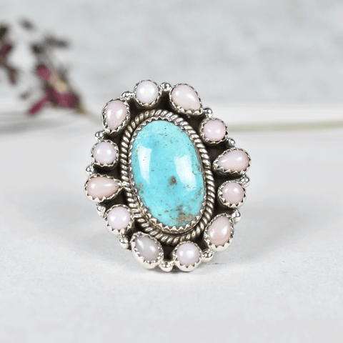 Turquoise and Pink Opal Ring in 925 Sterling Silver