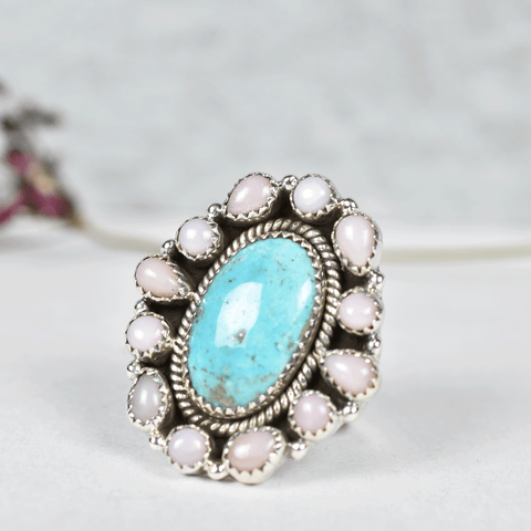 Turquoise and Pink Opal Ring in 925 Sterling Silver