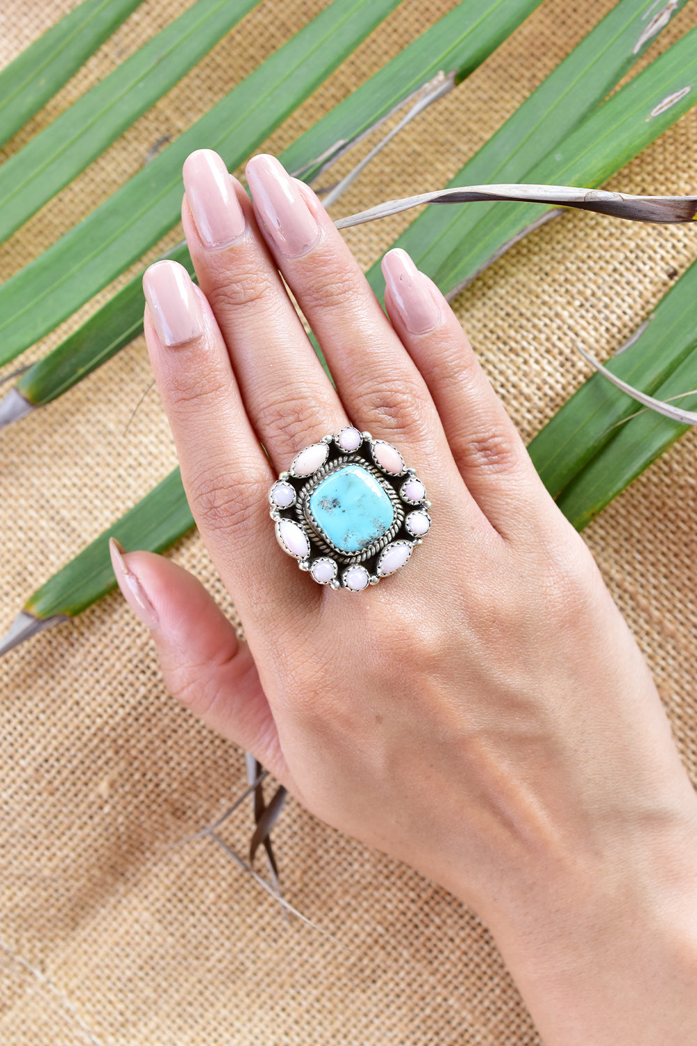 Turquoise and Pink Opal Ring in 925 Sterling Silver