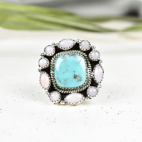 Turquoise and Pink Opal Ring in 925 Sterling Silver
