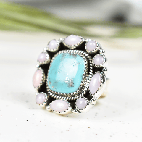 Turquoise and Pink Opal Ring in 925 Sterling Silver
