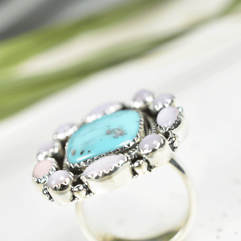 Turquoise and Pink Opal Ring in 925 Sterling Silver