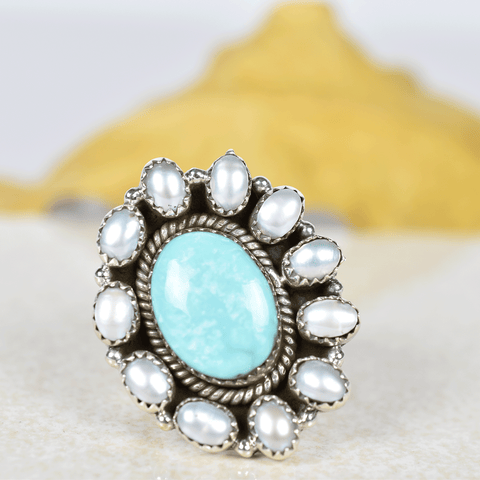 Turquoise White Pearl Ring in 925 Sterling Silver
