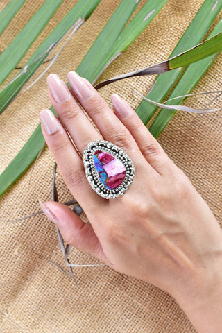 Pink Dahlia Turquoise 925 Silver Ring | Unique 925 Silver Ring