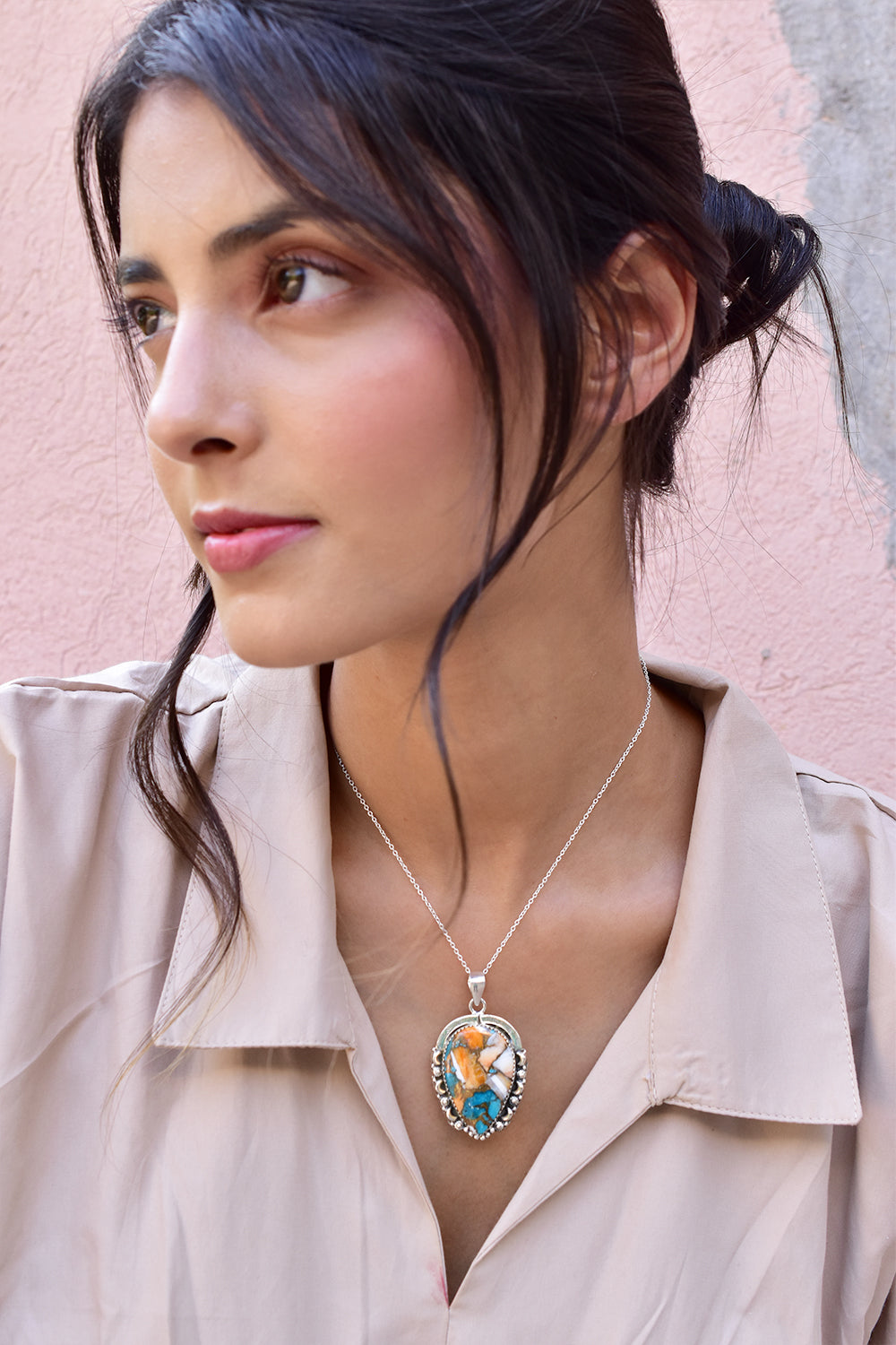 Spiny Oyster Turquoise 925 Sterling Women Silver Pendant Necklace