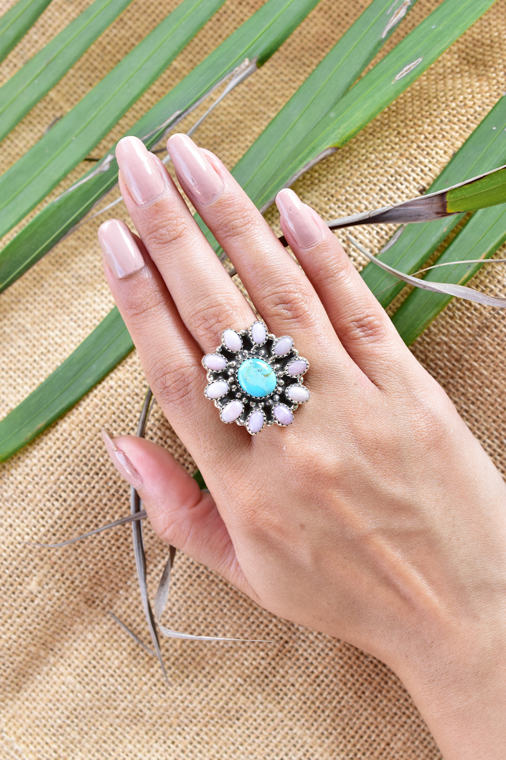 Handmade Turquoise & Pink Opal 925 Sterling Silver Ring