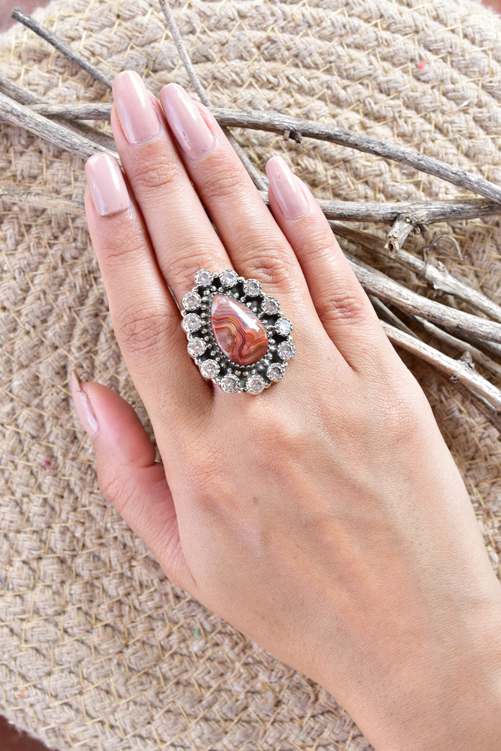 Crazy Lace Agate & CZ Ring in 925 Silver | Unique 925 Silver Ring