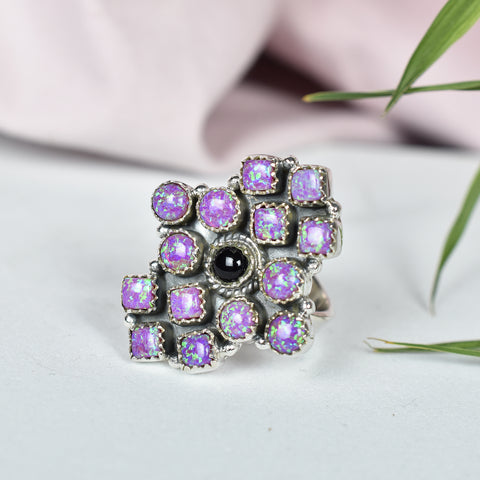 Sparkling Opal and Black Onyx Ring in 925 Sterling Silver