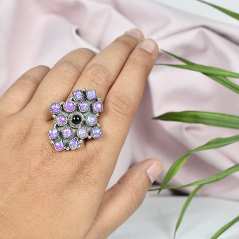 Sparkling Opal and Black Onyx Ring in 925 Sterling Silver