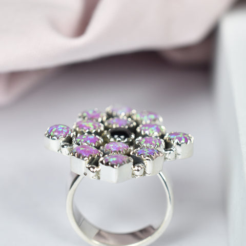 Sparkling Opal and Black Onyx Ring in 925 Sterling Silver