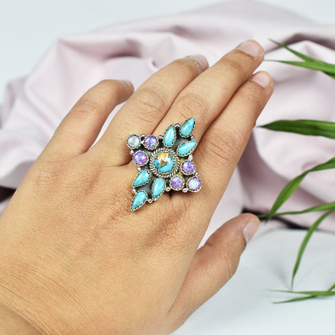 Sparkling Opal and Black Onyx Ring in 925 Sterling Silver