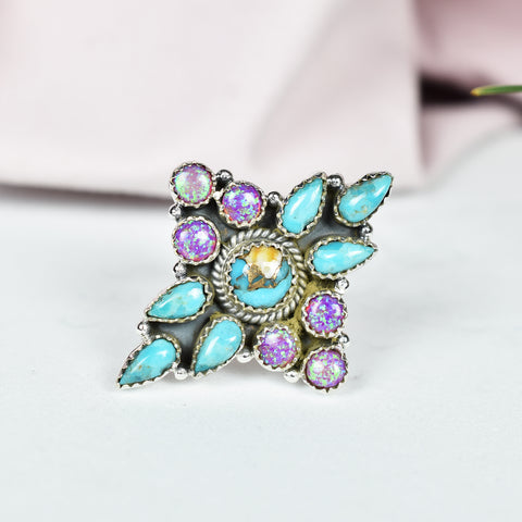 Sparkling Opal and Black Onyx Ring in 925 Sterling Silver