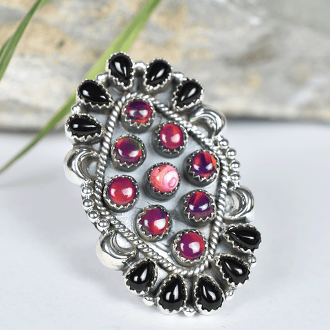 Aurora Opal and Black Onyx Ring in 925 Sterling Silver
