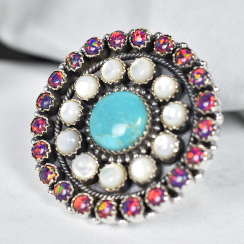 Handmade Aurora Opal & Pearl 925 Sterling Silver Ring