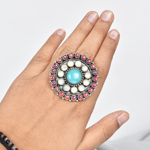 Handmade Aurora Opal & Pearl 925 Sterling Silver Ring