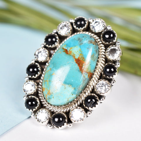 Handmade Turquoise & CZ 925 Sterling Silver Ring